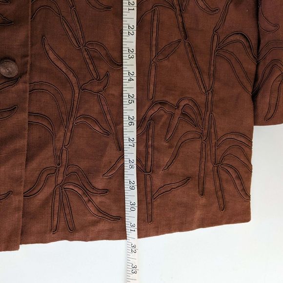 Carmen Marc Valvo Brown Linen Women's 12 Embroidered Snap Front Jacket - Picture 10 of 10